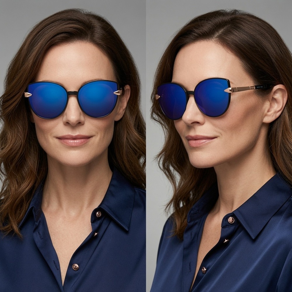 Women Sunglasses Blue Mirrored Lens Gold Accent Fashion Shades Trendy Lentes New